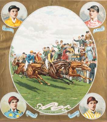 Three colour Victorian racing prints, 
 the first titled "Tattenham Corner" and vignettes of the jockeys G Barrett, F Webb, M Cannon and J Woodburn; t