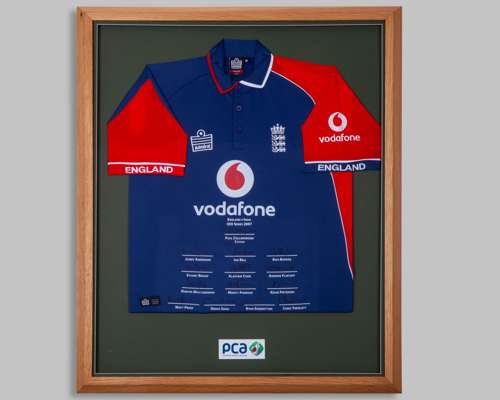 Blue and red England v. India ODI Series 2007 autographed short-sleeved cricket shirt display