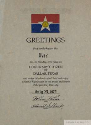 A group of items presented to Pelé from the US state of Texas 
 including a framed honorary citizen certificate presented to Pelé by the city of Dalla