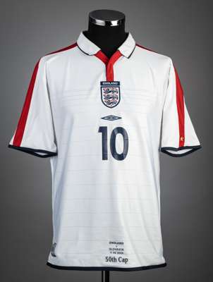 Michael Owen white England No.10 international jersey issued for his 50th cap match v Slovakia 11th June 2003,
 Umbro, short-sleeved, three lions badg