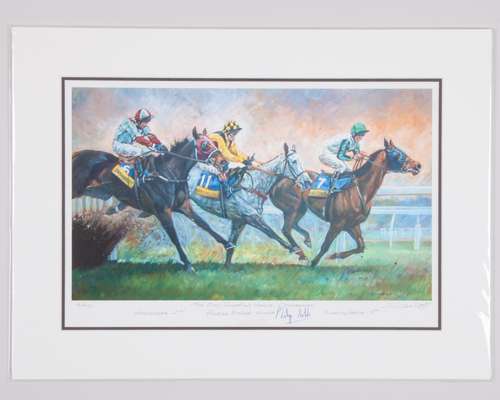 Two autographed horse racing prints by David Dent (British, b.1959)