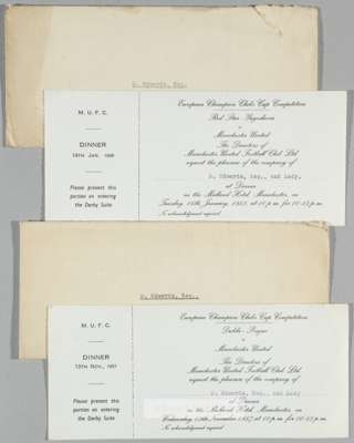 A pair of Manchester United printed invitations addressed to Duncan Edwards to attend dinners for European Cup fixtures in season 1957-58,
 the first 