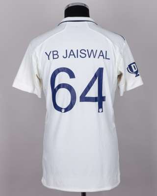 YB Jaiswal white and navy No.64 India v. England match worn, autographed Red For Ruth shirt