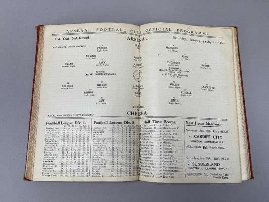 Bound volume of Arsenal home match programmes, 1929-30, first F.A. Cup winning season  
 Vol. XV111, No.1, Leeds United, 31st August 1929 to Vol. XV11