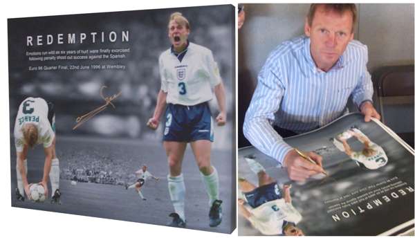 Euro 96 Stuart Pearce signed canvas titled “REDEMPTION”, 
 it encaptures the moment Psycho scored against Spain from the penalty spot, laying to bed t