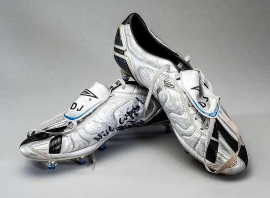 Portsmouth's David James signed Umbro X Wishbone football boots, 
 silver and black boots signed in black marker pen on right midsole, each bearing em