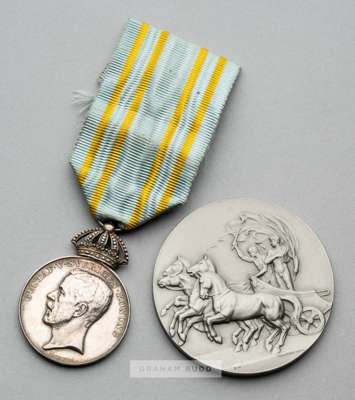 Stockholm 1912 Olympic Games participation medal,
 designed by Bertram McKennal, pewter, obverse with Zeus seated on an Ionian column holding figure o