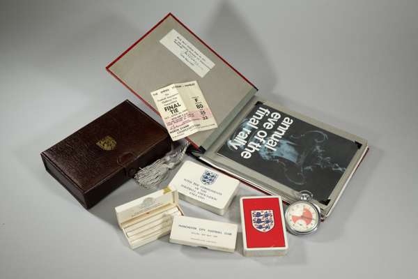 FA presentation box in brown faux leather containing the stop watch used by Referee George McCabe in the 1969 FA Cup Final between Manchester City and