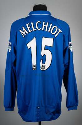 Mario Melchiot squad signed blue Chelsea no.15 jersey, season 2002-03,
 Umbro, long-sleeved with THE FA PREMIER LEAGUE sleeve badges, club crest and s