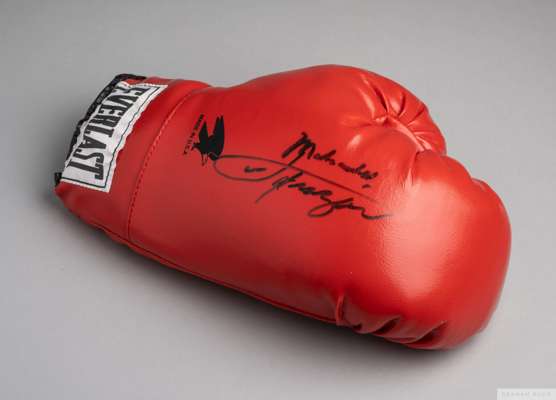 Autographed Muhammed Ali Boxing glove and signed photograph,
 signed in black marker pen, size 20.32 x 26.67 cm of Ali and Sonny Liston signed in gold