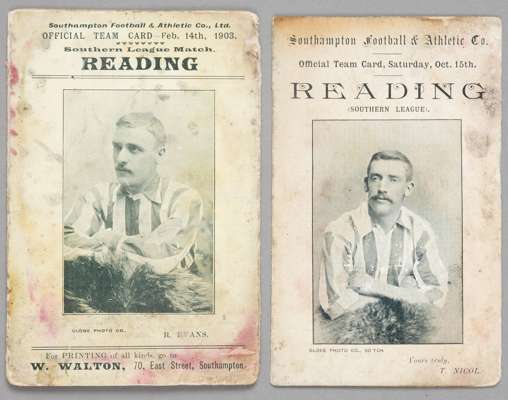 Two Southampton v Reading programmes,
 Southern F.L. Division One fixtures, both in the form of match cards, 15th October 1898 and 14th February 1903