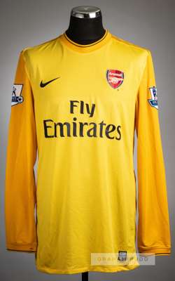 Manuel Almunia yellow Arsenal no.1 goalkeeper's jersey, season 2009-10,
 Nike, long-sleeved with BARCLAYS PREMIER LEAGUE sleeve badges, club crest and
