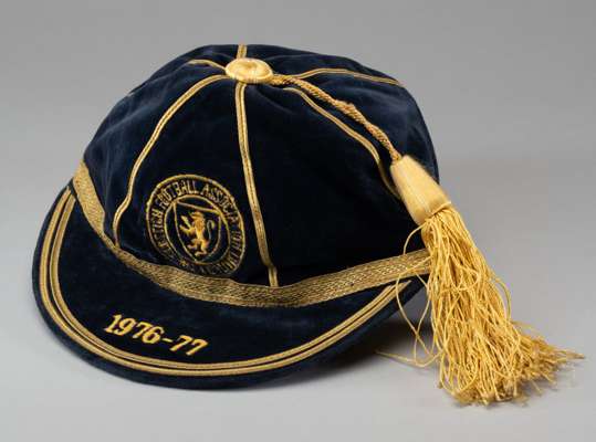 David Harvey blue Scotland cap awarded for the Leeds United goalkeeper's final international appearance v Finland in season 1976-77,
 dark blue, inscr