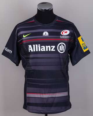 Nick Tompkins black No.12 Saracens autographed short-sleeved rugby shirt, 2014-15