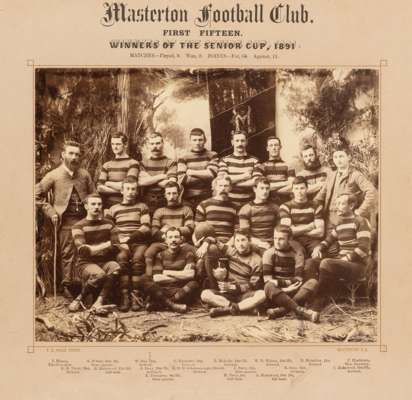 Period photograph of New Zealand's Masterton Rugby Football Club 1st XV, winner's of the 1891 Senior Cup,
 the sixteen players with Vice President J H