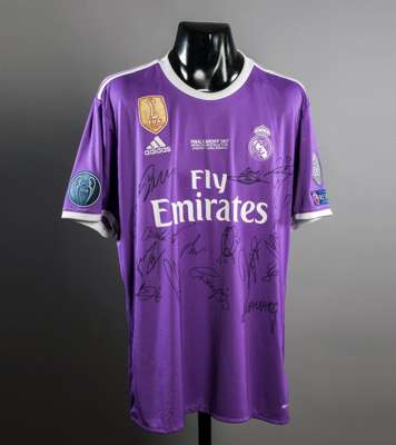 Team-signed replica of Cristiano Ronaldo's Real Madrid 2017 Champions League Final jersey, the purple jersey with full badging and match inscription, 