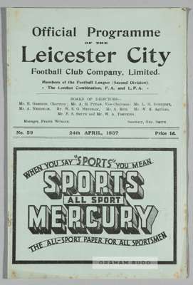 Leicester City v Nottingham Forest programme 24th April 1937, 
 lacks staples but otherwise generally good condition with no writing