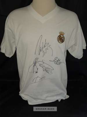 Real Madrid retro cotton style home jersey signed by five Galacticos of the Bernabeu, Roberto Carlos, Zinedine Zidane, Raul, Figo and Ronaldo De Lima,