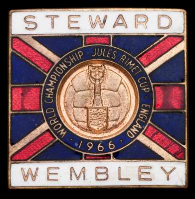 1966 World Cup Wembley steward's badge, gilt-metal & enamel incorporating Union Jack and World Cup insignia design, inscribed STEWARD, WEMBLEY, brooch