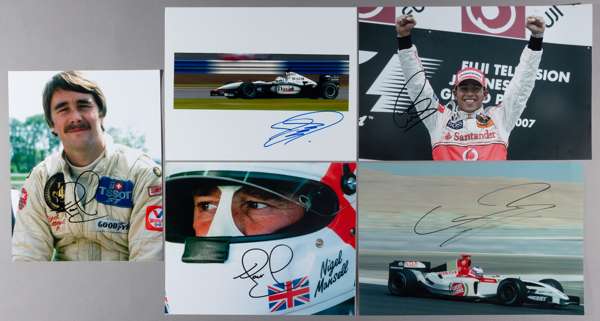 Formula One British racing stars signed photographs,
 including Sir Lewis Hamilton, Jensen Button, Nigel Mansell (2), David Coulthard, (5)