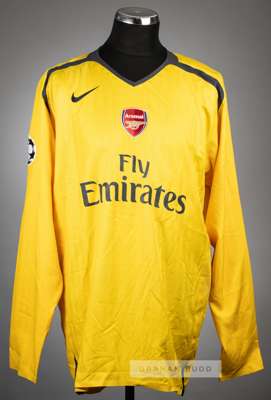 Abou Diaby signed yellow Arsenal UEFA Champions League no.2 away jersey, season 2006-07,
 Nike, long-sleeved with UEFA STARBALL sleeve badge, club cre