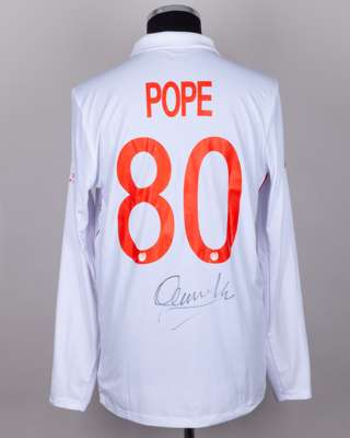 Ollie Pope white and red No.80 England v. India match worn, autographed Red For Ruth shirt