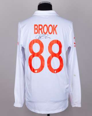 Harry Brook white and red No.88 England v. India match worn, autographed Red For Ruth shirt