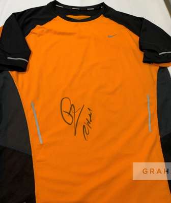 Rafael Nadal (Spain) signed tennis collection,
 including signed 8 by 10in. action photograph and signed Nike Orange T-Shirt (same brand/type as worn 