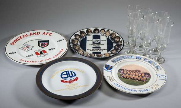 Four football ceramic plates celebrating centenaries of football clubs, 
 comprising Bolton Wanderers 1977, West Bromwich Albion 1979, Sunderland 1990