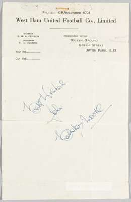 Bobby Moore West Ham United Football Co., Limited letterhead,
 signed in blue pen "Best Wishes John Bobby Moore", bears printed address details of Wes
