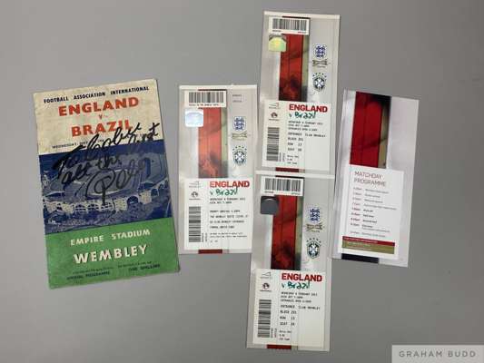 England v Brazil programme, played at Wembley Stadium, on May 5th 1956 
 signed in black marker pen by Pele on his visit to Bramall Lane Sheffield to 