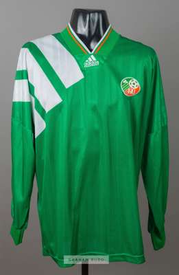 Green Republic of Ireland No.23 home jersey, circa 1993,
 Adidas, long-sleeved with three white shoulder stripes, FAI country badge and sponsor logo, 