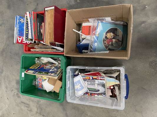 A large collection of modern Football postcards, bubble gum cards, cigarette cards, sticker albums etc in four boxes (a lot)