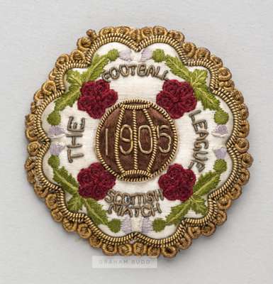 Football League representative badge v Scottish League, played at Hampden Park, 11th March 1905, 
 silk lobed gilt wirework and tassel badge embroider