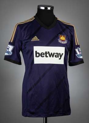 Aaron Cresswell purple, black & gold West Ham United no.3 third choice jersey, season 2014-15,
 match-issue, Adidas, short-sleeved with BARCLAYS PREMI