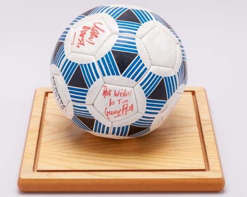 George Best autographed white, blue and black Olympus Sport football