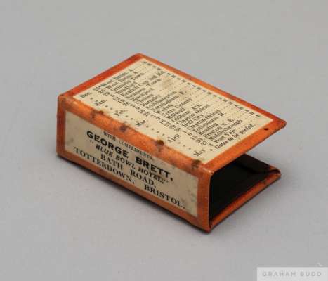1928/29 Bristol City Fixtures Match Box holder, 
 with fixtures up to December on the front and December to May on the reverse. The spine is lettered 