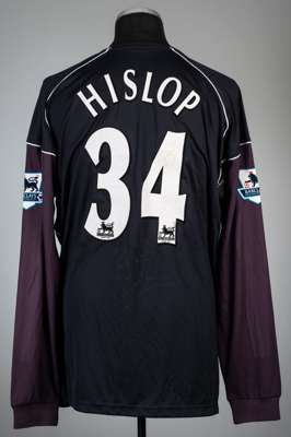 Shaka Hislop signed navy and claret West Ham United no.34 goalkeeper's second jersey, season 2005-06,
 Reebok, long-sleeved with BARCLAYS PREMIERSHIP 