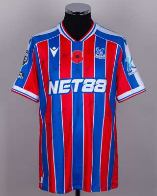Red and blue Crystal Palace v. Brighton match issued, squad signed Premier League shirt 2025