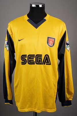 Thierry Henry yellow & dark blue Arsenal No.14 away jersey circa 2000,
 Nike, long-sleeved, Premier League sleeve badges, the reverse lettered HENRY

