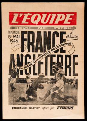 Scarce France v England Victory International programme played at the Olympic Stadium, Colombes, 19th May 1946, single-sheet issued by the French spor