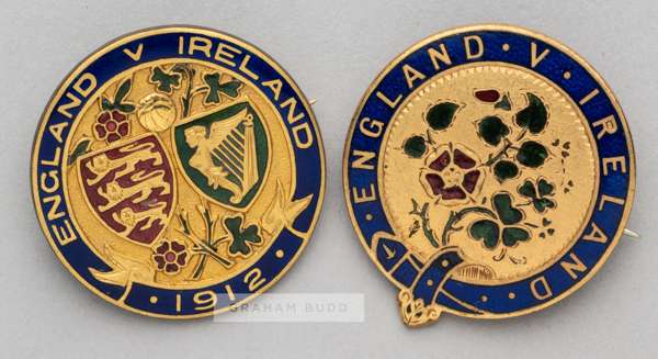 Two Football Association badges issued to F.A. official Charles James Hughes (1853-1916) for England v Ireland international matches, 
 both in gilt m