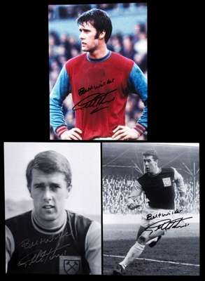 Trio of Geoff Hurst signed large photographs, 16 by 12in. 2 b&w the other colour, all West Ham related, all signed BEST WISHES in marker pen