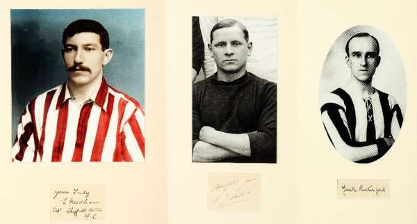A trio of framed pictorial presentations signed by notable early footballers, i) Jock Rutherford, Newcastle United (one F.A. Cup and three Championshi
