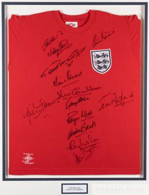 England 1966 World Cup Winners autographed commemorative Umbro red shirt