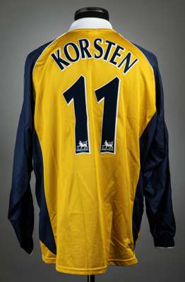 Willem Korsten yellow and navy Tottenham Hotspur no.11 away jersey, season 1999-2000,
 match issue, Adidas, long-sleeved with THE FA PREMIER LEAGUE sl