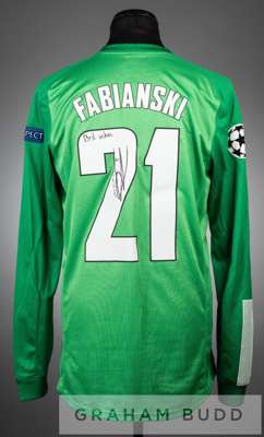 Lukasz Fabianski signed green Arsenal no.21 goalkeeper's jersey, circa 2014, 
 long-sleeved with UEFA STARBALL and RESPECT sleeve badges, club crest a