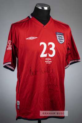 Kieran Dyer signed red England no.23 jersey v Nigeria, Osaka Japan, 12th June 2002,
 Umbro, short-sleeved with 2002 FIFA WORLD CUP KOREA JAPAN embroid