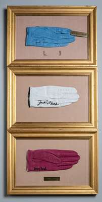 Three US Major winner's born in the 1920s signed golf gloves,
 each glove mounted, glazed and framed with engraved players name, signed in black marke