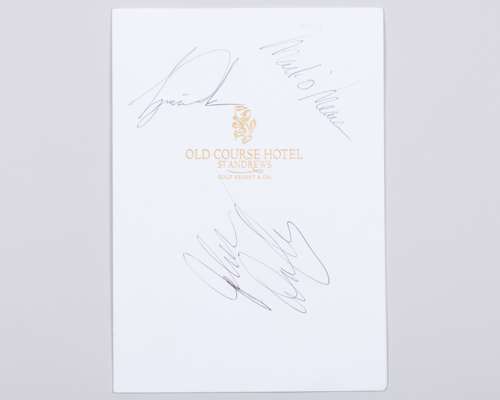 Tiger Woods, John Daly and Mark O'Meara autographed The Alfred Dunhill Cup menu, 1998